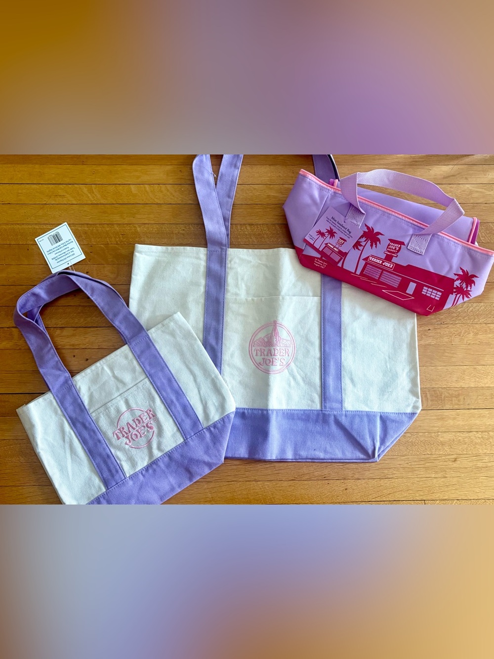 Trader Joe's Canvas Bag in Lavender-Large & Mini + Colorful Insulated Mini Bags.